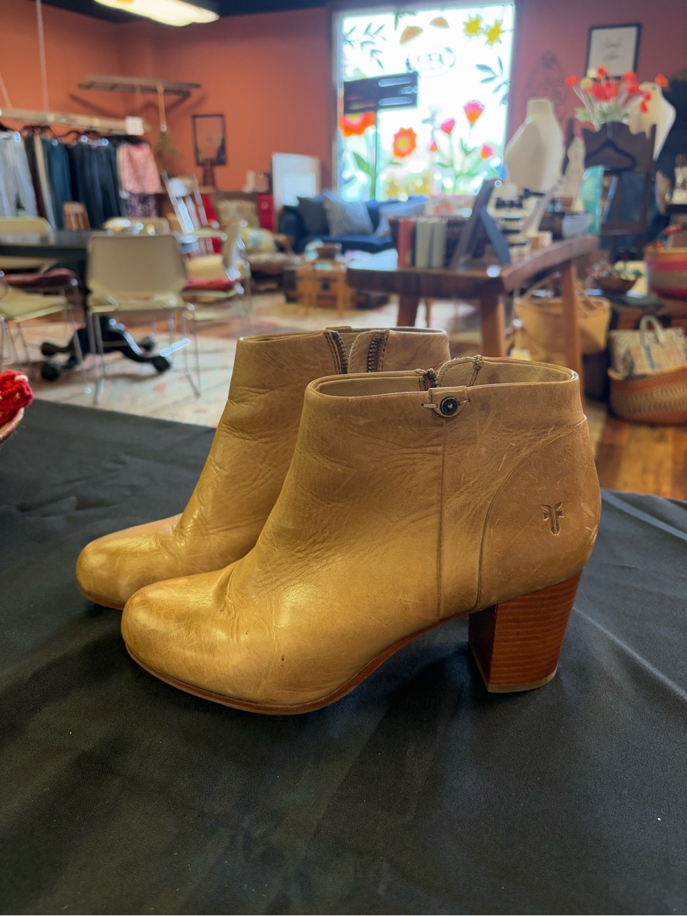 Frye Tan Leather Ankle Booties with Stacked Heel